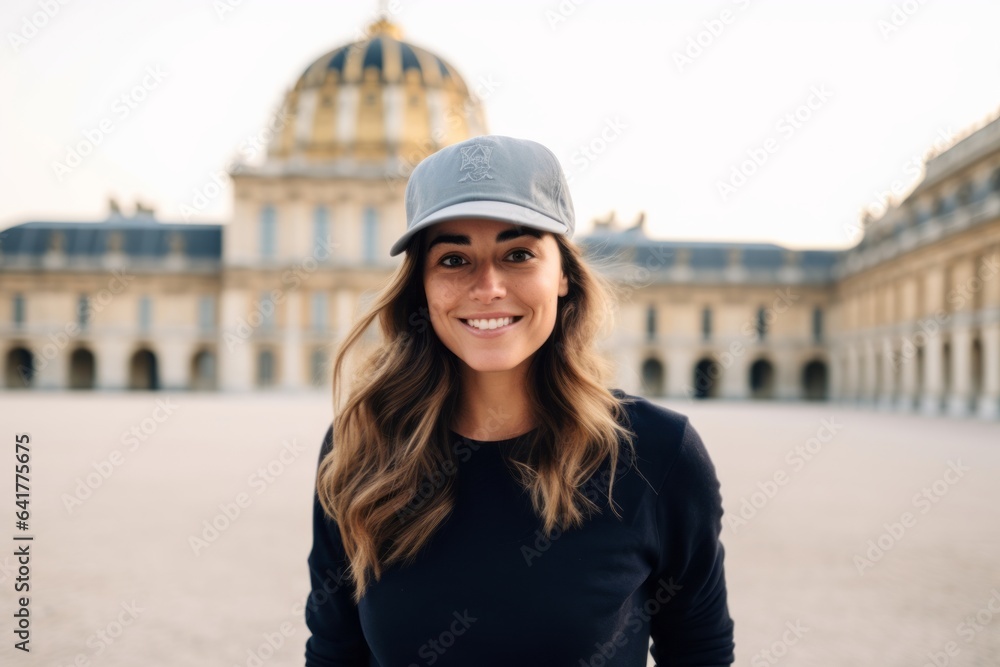 Lifestyle portrait photography of a grinning girl in her 40s wearing a cool snapback hat at the palace of versailles in versailles france. With generative AI technology