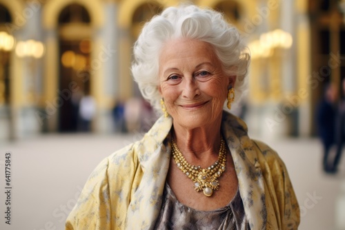 Lifestyle portrait photography of a grinning old woman wearing a delicate necklace at the palace of versailles in versailles france. With generative AI technology