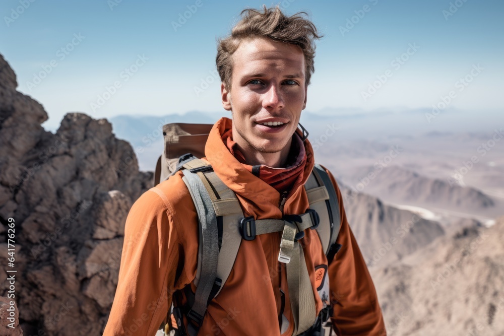 Lifestyle portrait photography of a glad boy in his 30s wearing a technical climbing shirt at the mecca in saudi arabia. With generative AI technology