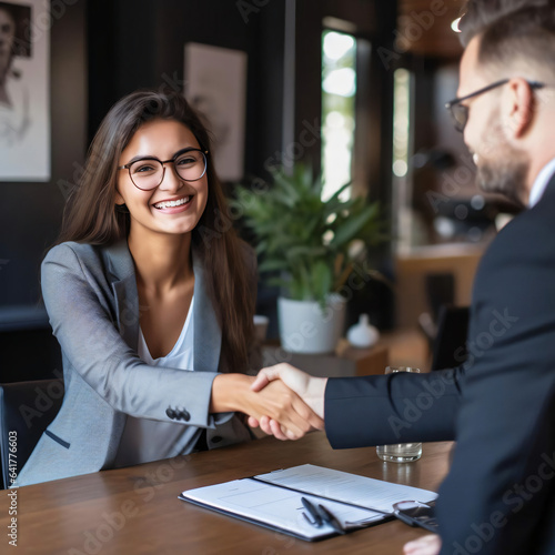 portrait of a businesswoman smiling and shaking hands with client. Successful deal closure concept 