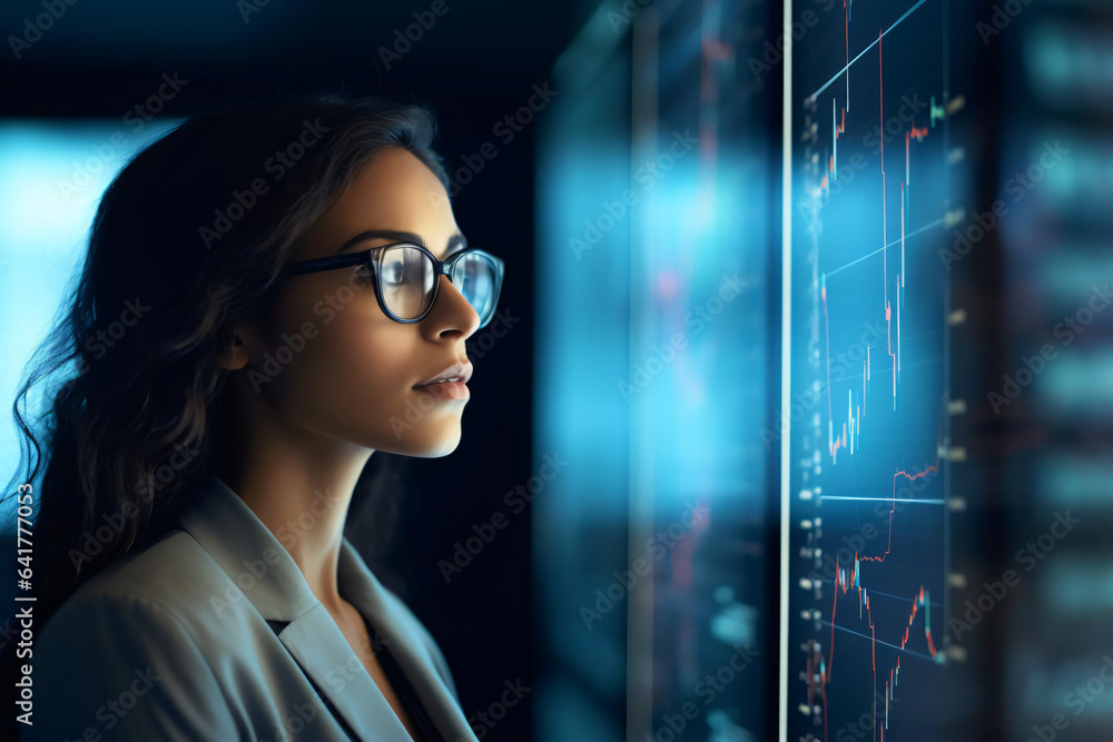 Photo of a businesswoman working in front of displays, stock market Photo of a businesswoman working in front of displays, stock market