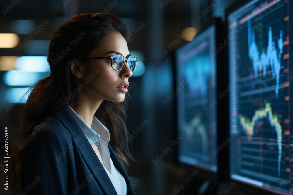 Photo of a businesswoman working in front of displays, stock market Photo of a businesswoman working in front of displays, stock market