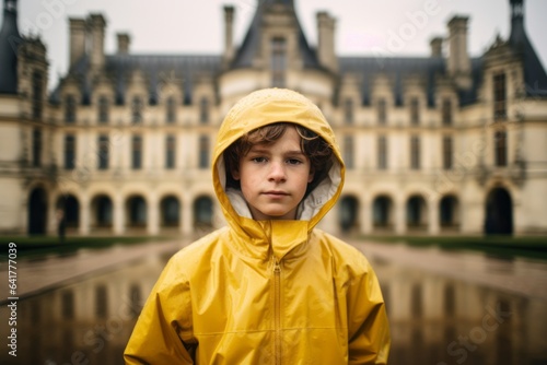 Lifestyle portrait photography of a blissful boy in his 30s wearing a waterproof rain jacket at the chateau de chambord in chambord france. With generative AI technology