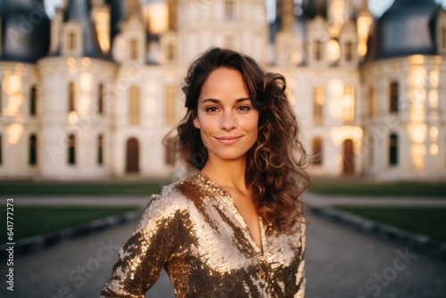 Medium shot portrait photography of a glad girl in his 30s wearing a glamorous sequin top at the chateau de chambord in chambord france. With generative AI technology photo