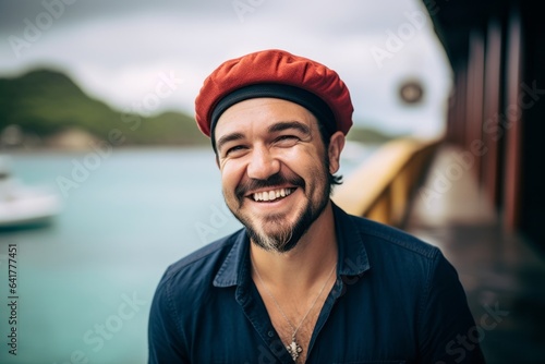 Headshot portrait photography of a happy boy in his 30s wearing a stylish beret at the great barrier reef in queensland australia. With generative AI technology © Markus Schröder