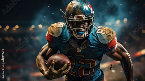 american football player running close up, cinematic scene, rugby in usa concept photo