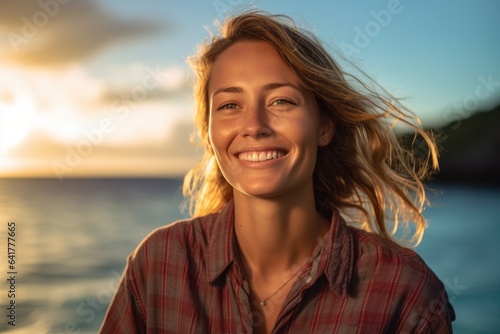 Photography in the style of pensive portraiture of a cheerful girl in her 30s wearing a relaxed flannel shirt at the great barrier reef in queensland australia. With generative AI technology