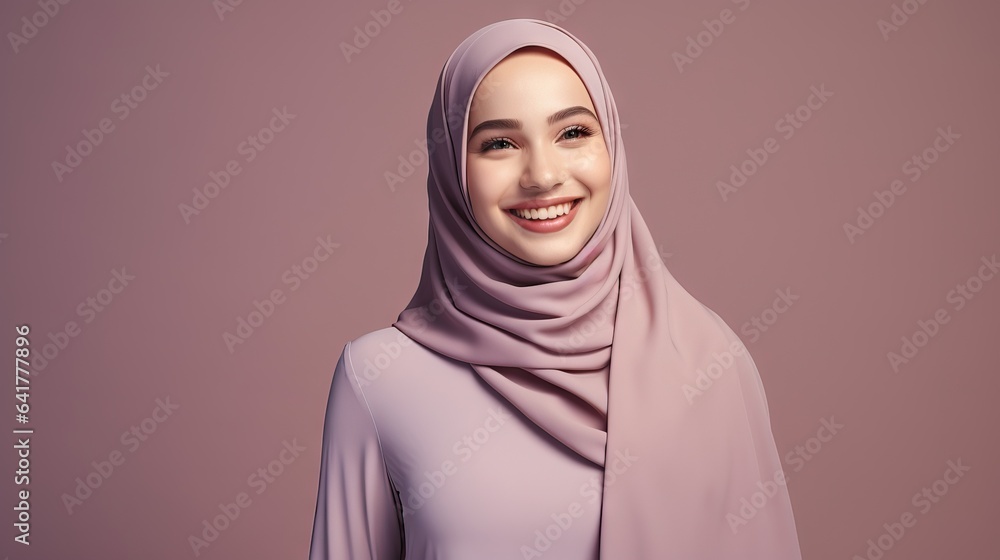 Smiling young arabian muslim woman in hijab, posing isolated over neutral color background Smiling young arabian muslim woman in hijab, posing isolated over neutral color background