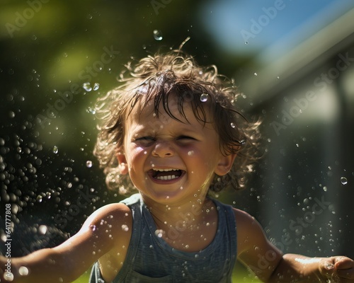 little child having fun to play with the water in the garden, youth and divertment concept