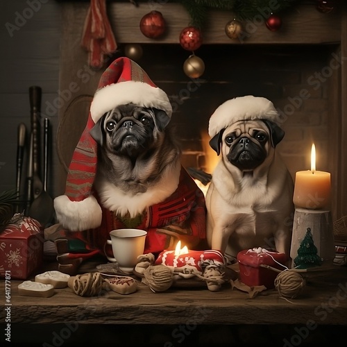 Two pugs are Christmas time © Gary