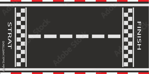 Linear race track with start and finish line. Car or karting road racing background. top view.