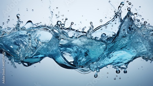 Image with bright blue splashes of water frozen in the air on a white background.