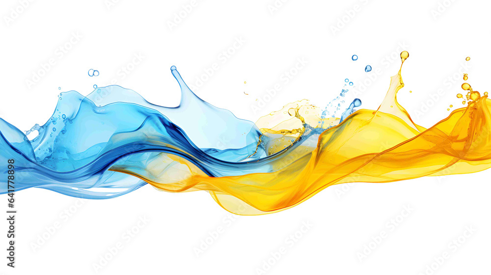 Water splash line with blue and yellow liquid agua. Generative AI Water splash line with blue and yellow liquid agua. Generative AI