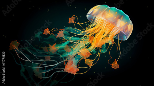 Jellyfish dansing in the dark blue ocean water. Glowing jellyfish swim deep in blue sea. © waichi2013th