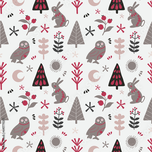 Seamless pattern with decorative folk art elements, own, hare and tree. Hand drawn vector pattern scandinavian  nordic style on a white background