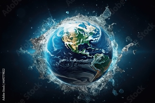 earth planet in splash of water. view of outer space