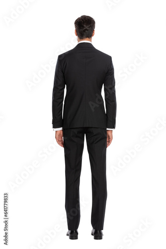 A handsome man in a blazer suit posing for a clothing band on a white background.