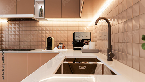 Light brown and cream kitchen  minimal style  elegant countertops