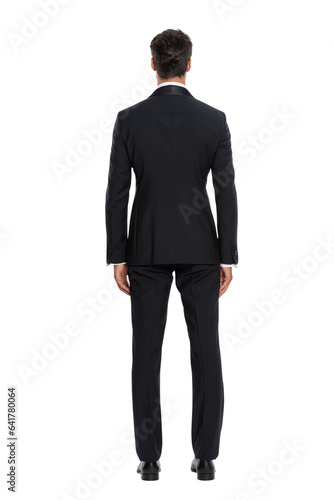 A handsome man in a blazer suit posing for a clothing band on a white background.
