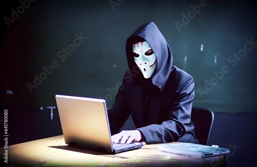 Hacker with hoodie. Concept of dark web, cybercrime, cyberattack. AI generated image