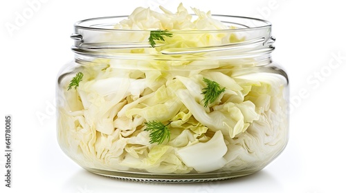 Fermented cabbage in a jar isolated on white background