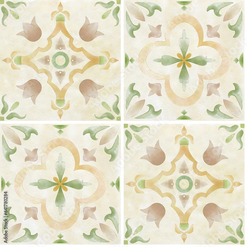 Pastel green and beige tile seamless pattern. Geometric portugal ornament for print. Digital watercolor illustration