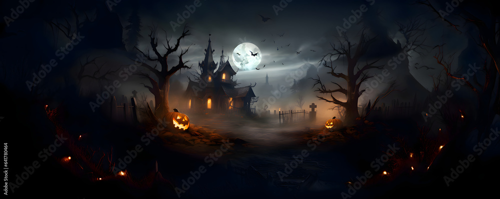 A mysterious house with pumpkins in a full moon dark night - Halloween illustration theme