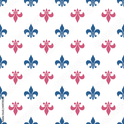 fleur-de-lis seamless pattern.Blue pink and white template. Floral texture. Elegant decoration, royal lily retro background. Design vintage for card, wallpaper, wrapping, textile. photo