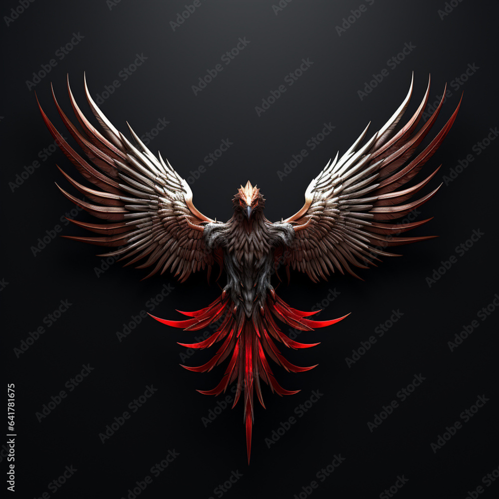 Fototapeta premium a wings of an eagle against a dark background, in the style of futuristic fantasy, dark bronze and red