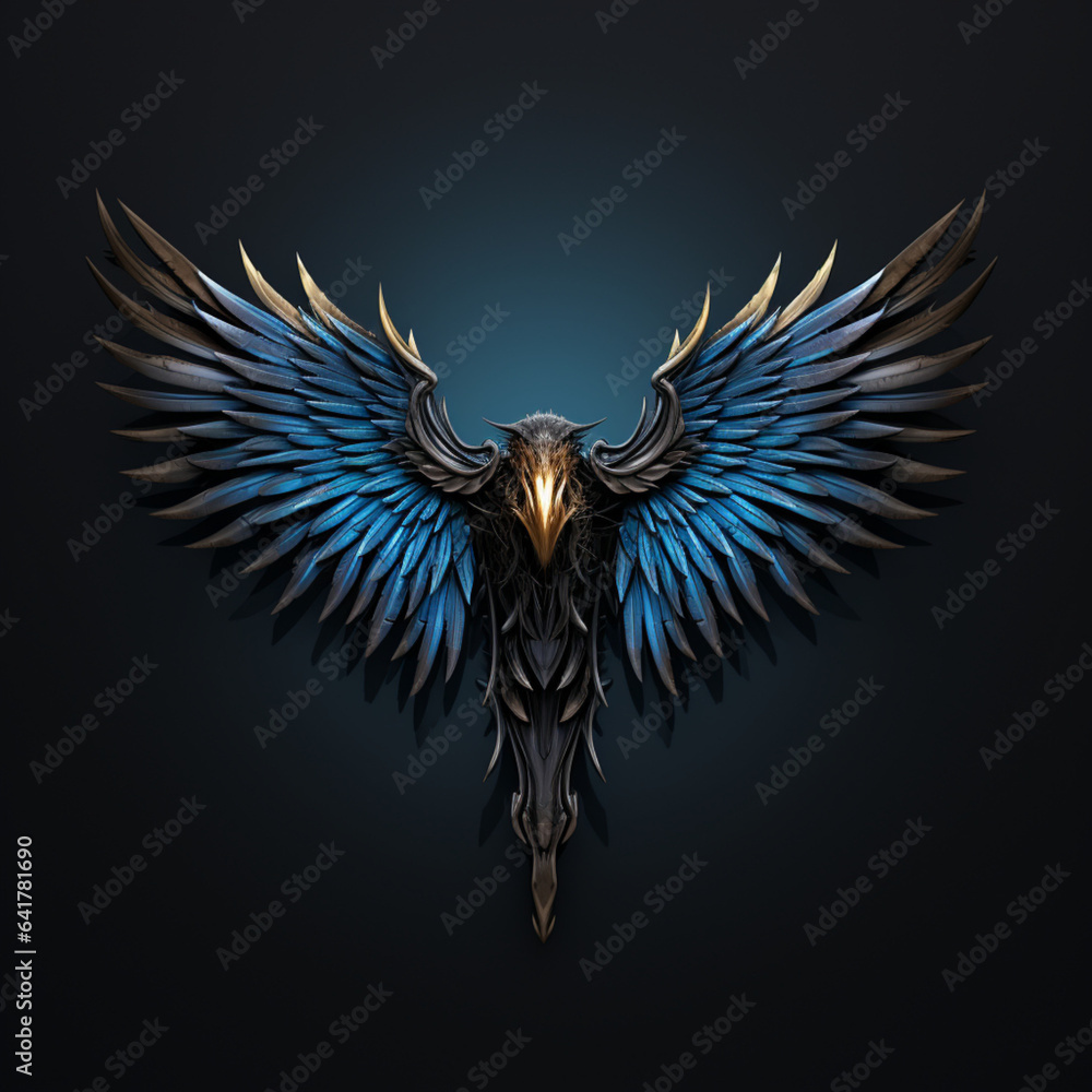 Obraz premium dark blue and bronze bird wings, in the style of symbolism, dark black and blue background 3d, ancient art,