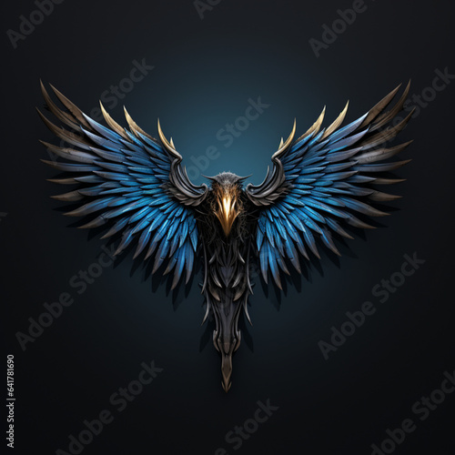 dark blue and bronze bird wings, in the style of symbolism, dark black and blue background 3d, ancient art,