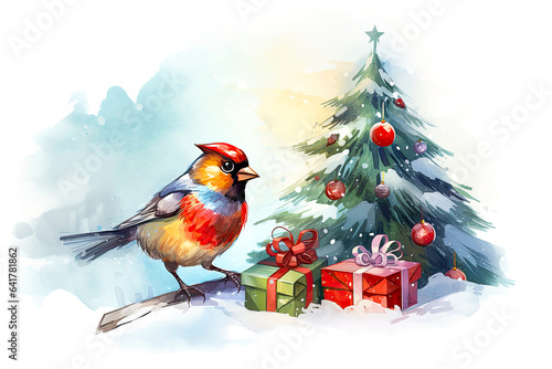 Christmas Poster. illustration of Christmas Background with branches of christmas tree and bullfinch. Post processed AI generated image. © bit24