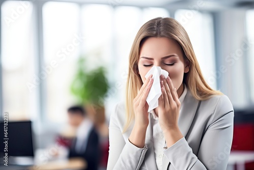 Young sick businesswoman sneezing in a tissue while working in the office.