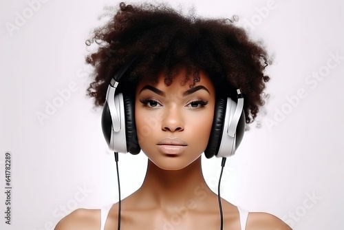 Afro young lady listen music dressed trendy clothes