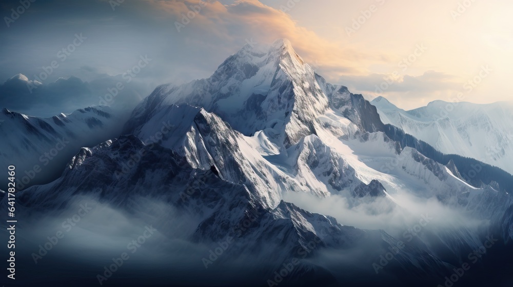 Massive mountain in beautiful cinematic light. Amazing landscape during a sunset, majestuous