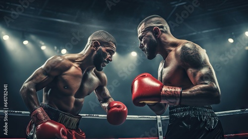 Two boxers fighting in boxing ring. Cinematic lights, most important moment, ko concept