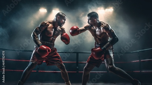 Two boxers fighting in boxing ring. Cinematic lights, most important moment, ko concept © Banana Images