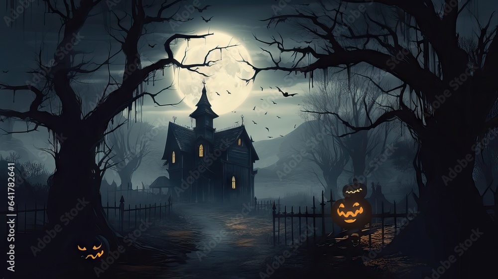 halloween abandoned house castle concept, spooky space with ghosts