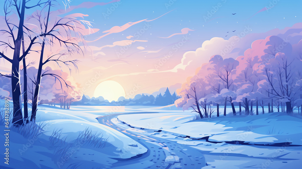 winter landscape with snow, sun