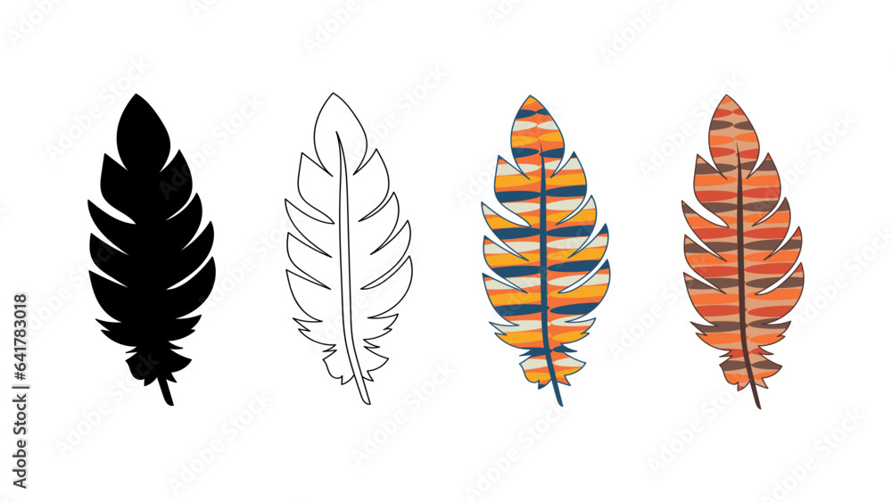 Tribal ethnic bright feathers of Indians. Stylized bird feathers. Color, outline, silhouette. Vector isolated. Native American culture. Decorative elements in boho style. Hippie. Scrapbooking Tribal ethnic bright feathers of Indians. Stylized bird feathers. Color, outline, silhouette. Vector isolated. Native American culture. Decorative elements in boho style. Hippie. Scrapbooking