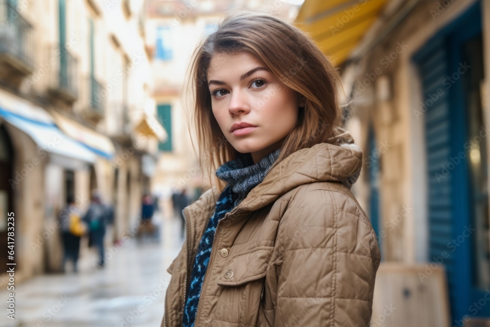 Fototapeta premium Photography in the style of pensive portraiture of a cheerful girl in her 30s wearing a quilted insulated jacket at the dubrovnik old town in dubrovnik croatia. With generative AI technology