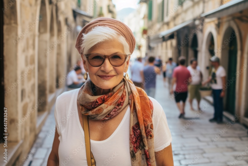 Lifestyle portrait photography of a satisfied mature woman wearing a fashionable tube top at the dubrovnik old town in dubrovnik croatia. With generative AI technology Lifestyle portrait photography of a satisfied mature woman wearing a fashionable tube top at the dubrovnik old town in dubrovnik croatia. With generative AI technology