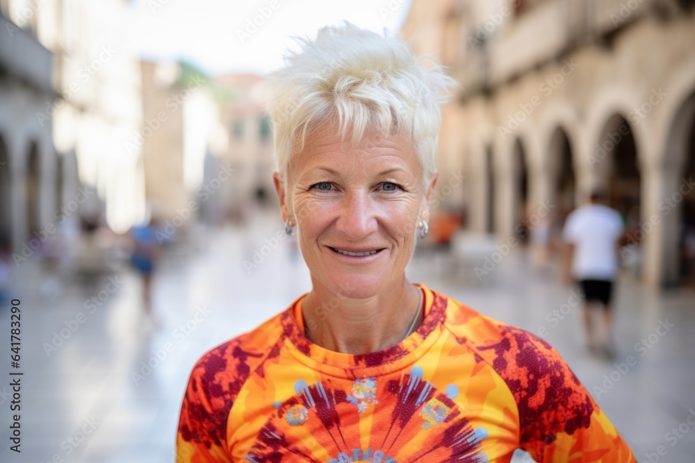 Headshot portrait photography of a merry mature woman wearing a vibrant rash guard at the dubrovnik old town in dubrovnik croatia. With generative AI technology Headshot portrait photography of a merry mature woman wearing a vibrant rash guard at the dubrovnik old town in dubrovnik croatia. With generative AI technology