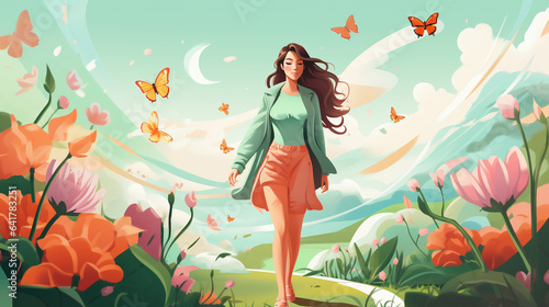 woman in flower field, vector, illustration 