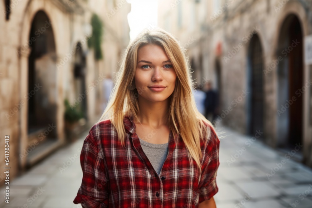 Medium shot portrait photography of a satisfied girl in her 20s wearing a relaxed flannel shirt at the dubrovnik old town in dubrovnik croatia. With generative AI technology