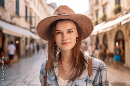 Environmental portrait photography of a grinning girl in her 20s wearing a rugged cowboy hat at the dubrovnik old town in dubrovnik croatia. With generative AI technology © Markus Schröder