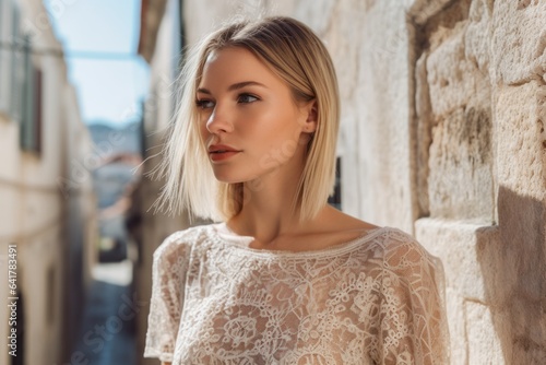 Close-up portrait photography of a merry girl in his 30s wearing an intricate lace top at the dubrovnik old town in dubrovnik croatia. With generative AI technology