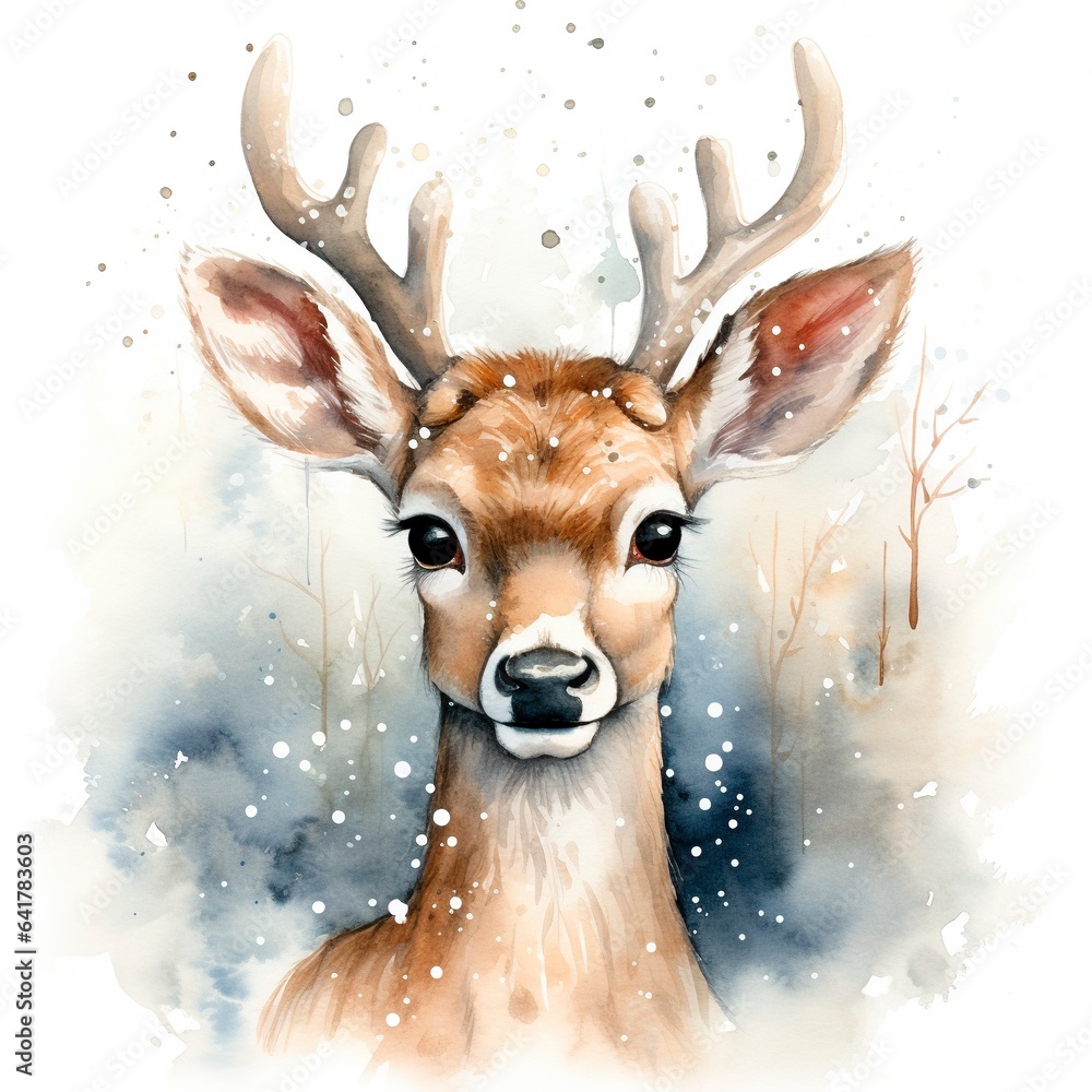 Graceful watercolor deer in a tranquil forest scene. Minimalist pastel card for festive greetings.