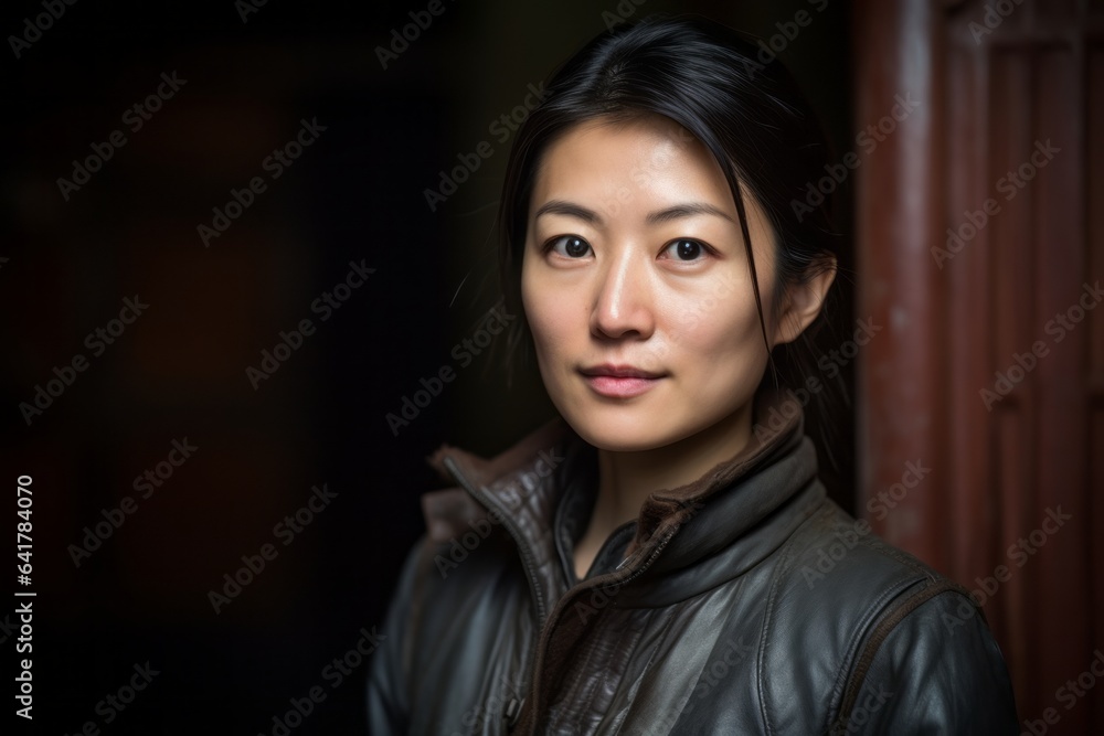 Headshot portrait photography of a merry girl in her 30s wearing a classic leather jacket at the mausoleum of the first qin emperor in xian china. With generative AI technology Headshot portrait photography of a merry girl in her 30s wearing a classic leather jacket at the mausoleum of the first qin emperor in xian china. With generative AI technology