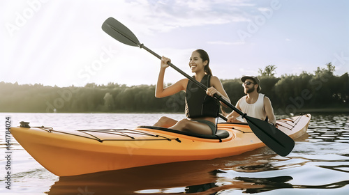 Man and woman couple riding kayak in lake at sunset